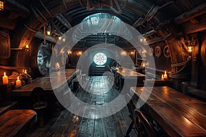 interior of wooden dining room with tables inside medieval pirate ship. Old vintage historical sailing boat