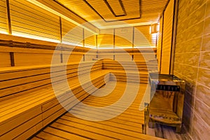 Interior of a wooden finnish sauna.