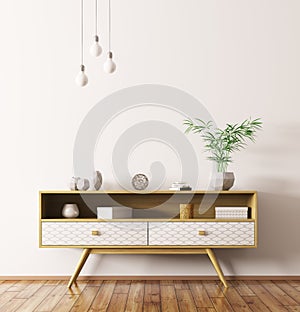 Interior with wooden sideboard 3d rendering