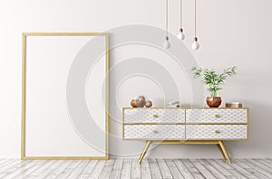 Interior with wooden sideboard and mock up frame 3d rendering