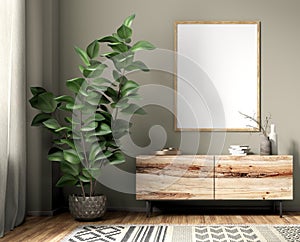 Interior with wooden sideboard and poster 3d rendering