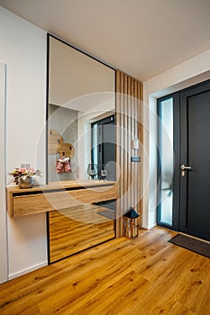 Interior wooden wardrobe door with a full-length reflective mirror in the hallway next