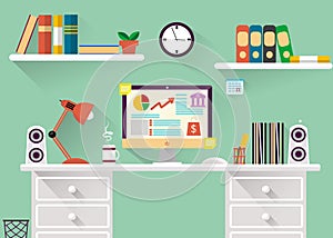 Interior of working place concept in flat design