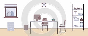 Interior of working place in loft style office. Vector illustration. Furniture: table, chair, bookcase with folders,books and box.