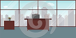 Interior of working place in the modern office.Large window with city landscape with skyscrapers.Vector illustration. Furniture: