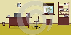 Interior of working place in the office on the light lime background. Vector illustration. Furniture: table, chair, cabinet with