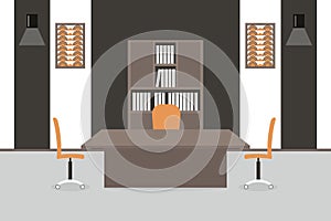 Interior of working place in the office. Vector illustration. Furniture: table, chair, cabinet with folders,paintings,wall lamp.