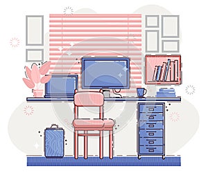 Interior working room, home office with computer. Vector flat line illustration.