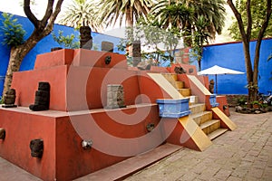 Interior yard of the Blue House La Casa Azul where Mexican artist Frida Kahlo lived.