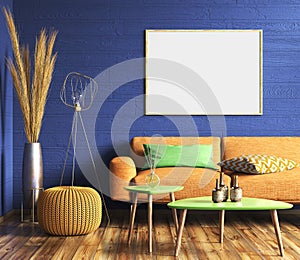 Interior with yellow sofa in modern living room with blue wall and mockup poster, home design 3d rendering