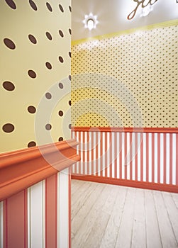 Interior with yellow wallpaper in brown polka yellow dots