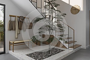 Interior your stairs and under space with a wooden Bench, Indoor Plant, Marble, Hangar