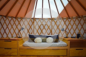 Interior of yurt in luxury glamping hotel close to the National Park Torres del Paine, Chile