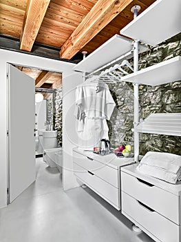 interiors of a bathroom with stone wall