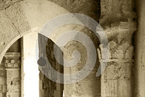 Interiors of a castle of middle ages, sepia hue