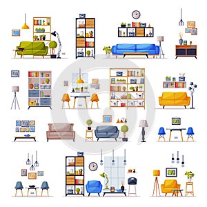 Interiors with Comfy Furniture Set, Cozy Living Room or Apartments Trendy Interior Vector Illustration