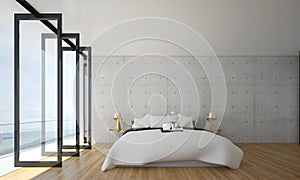 The interiors design idea of minimal bedroom and concrete wall and sea view in summer