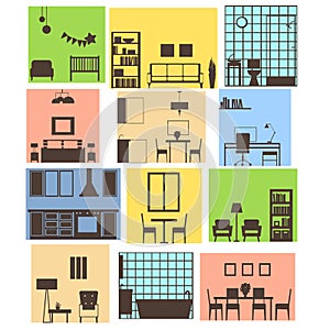Interiors of different rooms. Vector illustration