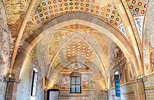 Interiors of Fortress Borromeo of Angera or Rocca di Anger, the Hall of Justice - Sala della Giustizia. Is Castle of the lake Magg