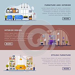 Interiors and Furniture Design Landing Page Templates Set, Trendy Cozy Apartments Space, Creation Home Interior Website