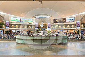 Interiors with information desk of Ben Gurion International Airport in Tel Aviv, Israel