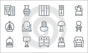 Interiors line icons. linear set. quality vector line set such as armchair, chest of drawers, terrarium, succulent, lamp,
