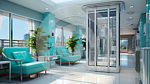 The interiors of the lobby of a medical center or a modern hospital facility. AI generated