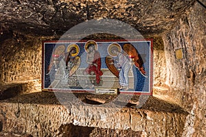 Interiors with mosaic painting of the Prison of Christ. Monastery of the Praetorium in Jerusalem, Israel. The place where Jesus