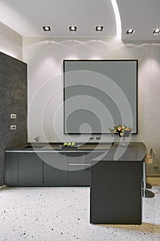 Interiors shots of a modern gray lacquered kitchen photo