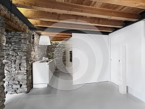 interiors shots of a modern kitchen with concrete floor and the wooden ceiling