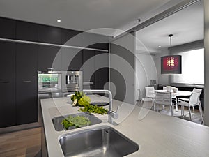 Interiors shots of a modern kitchen with kitchen island in the foreground the wirktop and steel sink integrated on hte background