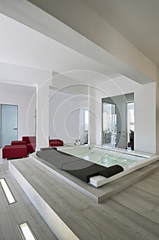 Interiors shots of a modern living room with the whirlpool bathtub