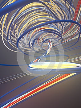 Interlacing abstract colored curves. Computer generated geometric pattern. 3D rendering