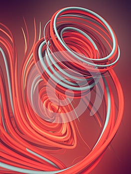 Interlacing abstract red colored curves. Computer generated geometric pattern. 3D rendering