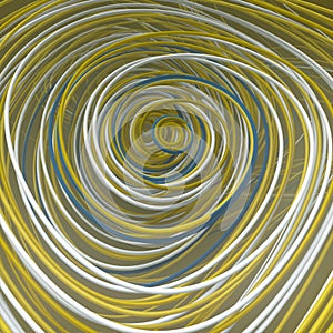Interlacing abstract yellow colored curves. Computer generated geometric pattern. 3D rendering
