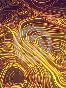 Interlacing abstract yellow colored curves. Computer generated geometric pattern. 3D rendering