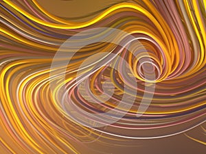 Interlacing abstract yellow colored curves. Computer generated geometric pattern. 3D rendering