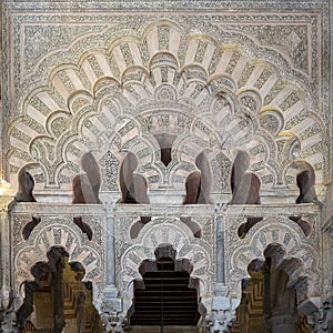 Interlacing arches at the entrance to the Villaviciosa Chapel in the Cathedral of Cordoba in Spain.