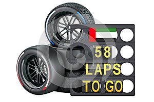 Interlagos racing, pit board with flag of the United Arab Emirates and racing wheels with different compounds type tyres. 3D