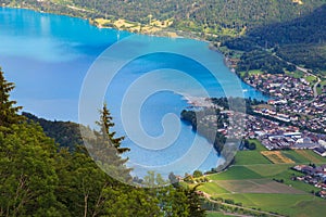 Interlaken town and lake brienz surrounded by mountainous area,