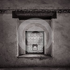 Interleaved grunge wooden window Mashrabiya at historic Beit El Set Waseela building Waseela Hanem House, Cairo, Egypt photo