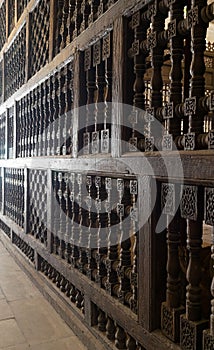 An interleaved wooden ornaments in a historic mosque, photo