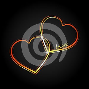 Interlocked neon love hearts on black photo