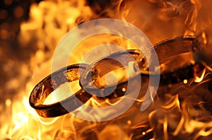 Interlocked wedding rings in flames photo