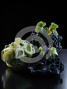 Interlocking 3D printed shapes resembling a futuristic salad thats become a popular culinary statement.. AI generation