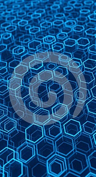 Interlocking blue hexagonal patterns create a futuristic, three-dimensional effect. The