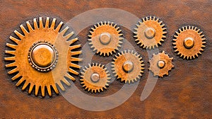 Interlocking Bronze Gears on Rusty Metal Background