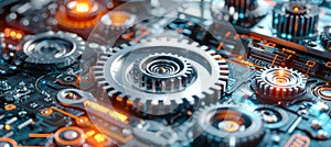 Interlocking gears spin and glow on a dark blue background with glowing hexagons and circuit lines, representing digital progress