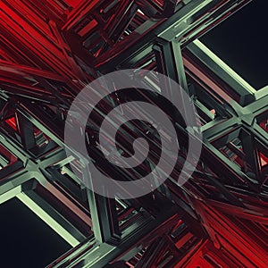 Interlocking geometric shapes form a complex abstract structure, featuring a