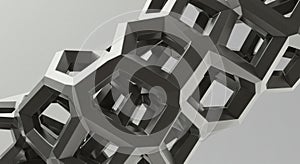 Interlocking geometric shapes form a complex, three-dimensional pattern of